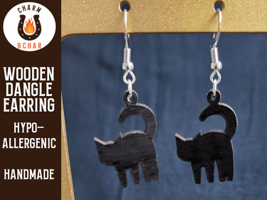 Black Cat Wood Dangle Earrings - Halloween Fashion Earring - Dangle Earring - Charm and Char